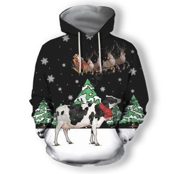 Classical And Elegance Black Cow Tree Deer Pattern Christmas Hoodie
