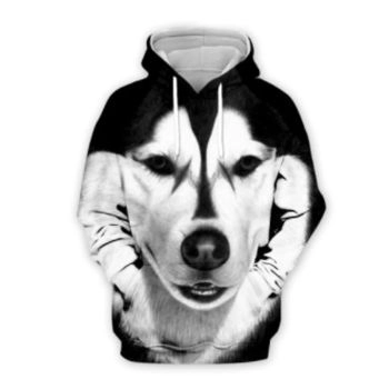 Loose Black White Dog Pattern Animals Hoodie