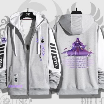 Comfortable Genshin Impact Raiden Shogun Anime Zip-Up Grey Hoodie