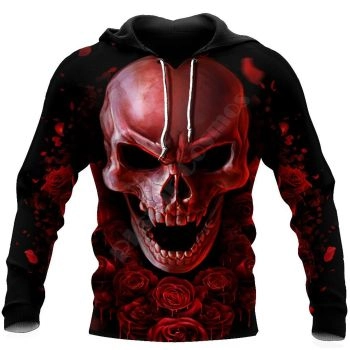 Loose And Fashion Black Red Skull Pattern Skull Hoodie