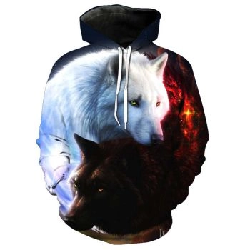 Loose And Gorgeous White Black Wolf Pattern Animals Hoodie