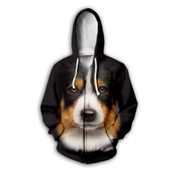 Classical And Elegance Black Dog Pattern Animals Zip-Up Hoodie