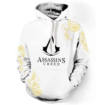 Assassins Creed Hoodies &#8211; 3D Print White Drawstring Pullover Sweatshirt