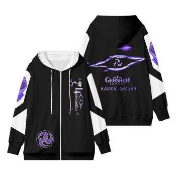Elegant Black Genshin Impact Raiden Shogun Anime Zip-Up Hoodie