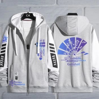 Comfortable Genshin Impact Kamizato Ayaka Zip-Up Grey Hoodie