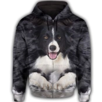 Loose And Fashion Black Dog Pattern Animals Zip-Up Hoodie