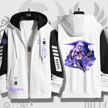 High-Quality White Genshin Impact Raiden Shogun Anime Zip-Up Hoodie