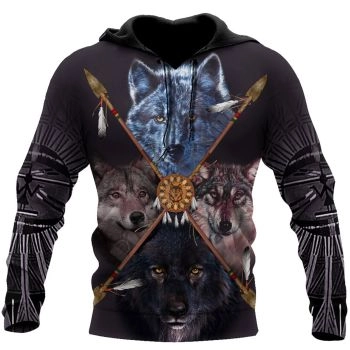 Loose And Fashion Black Feather Wolf Pattern Indians Hoodie