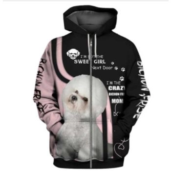 Cute And Loose Black Pink Dog Pattern Animals Zip-Up Hoodie