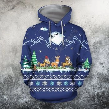 Temperament Blue Snow Moon Tree Horse Pattern Christmas Hoodie