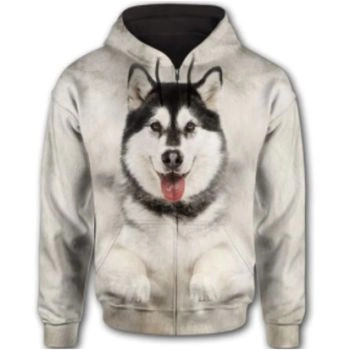 Classical And Elegance White Dog Pattern Animals Zip-Up Hoodie