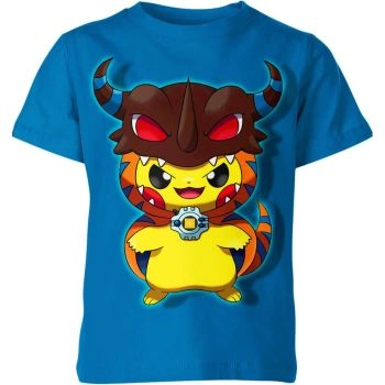 Greymon Digimon x Pikachu From Pokemon Shirt - Azure Blue Fusion