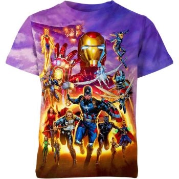 Showcasing Superhero Ensemble with the Avengers T-Shirt in Purple and Multicolor