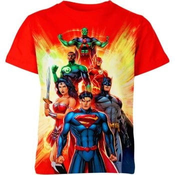 Justice League Comic T-Shirt in Red with Justice League Comic Book Cover and Characters