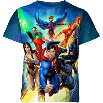 Justice League Poster T-Shirt in Blue with Justice League Movie Poster and Title