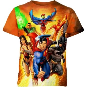 Justice League Logo T-Shirt in Orange with Justice League Symbol and Lettering
