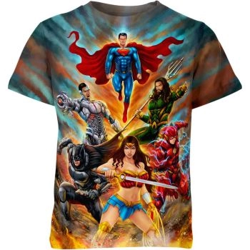 Justice League Cartoon T-Shirt in Colorful with Justice League Animated Series Characters and Logo