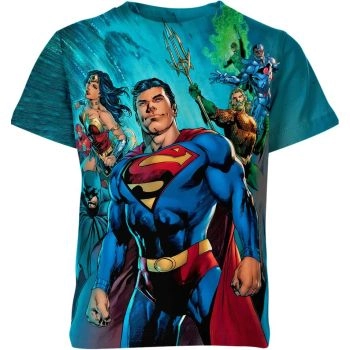 Justice League T-Shirt in Blue with Justice League Emblem and Members Names