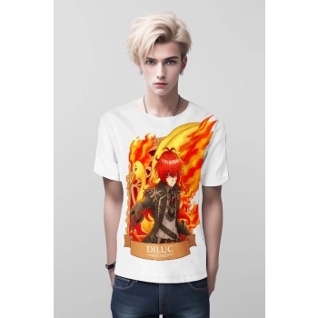Fusion of Flames Diluc x Moltres Genshin Impact and Pokemon Shirt - Clean White Elegance