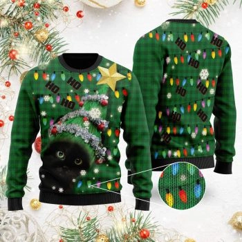 Ho Ho Ho Black Cat Christmas Tree Ugly Sweater