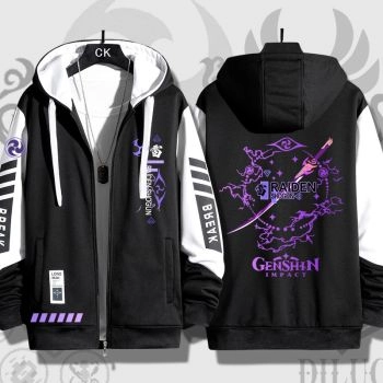 Black Durable Genshin Impact Raiden Shogun Anime Zip-Up Hoodie