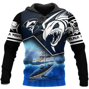 Classical And Elegance Blue Black Fish Pattern Animals Zip-Up Hoodie