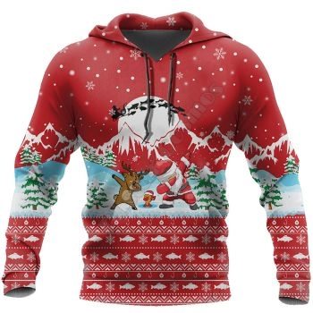 Loose And Fashion Red Tree Snow Fish Santa Claus Pattern Christmas Hoodie