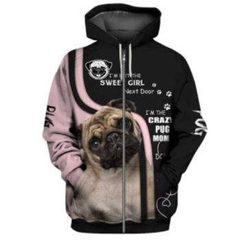 Precious And Cute Pink Black Dog Pattern Animals Zip-Up Hoodie