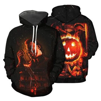  Oversize Black Orange Horror Houses  Knives Pattern Halloween Hoodie