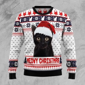 Meowy Black Cat Christmas White Sweater