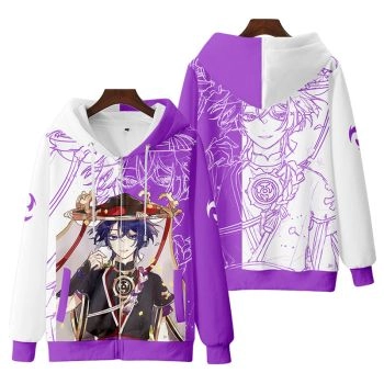 Fashion Genshin Impact Scaramouche Anime Zip-Up White Purple Hoodie