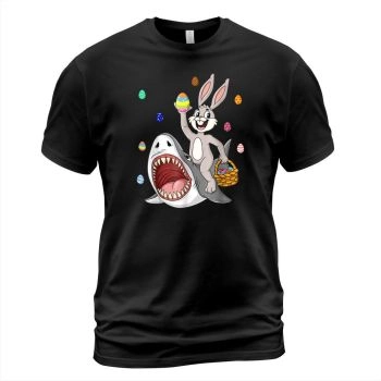 Easter Bunny Riding Shark Funny Eggs Basket Boys Girls Kids T Shirt