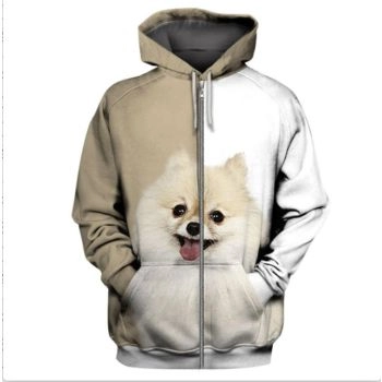 Fashion Brown White Dog Pattern Animals Zip-Up Hoodie