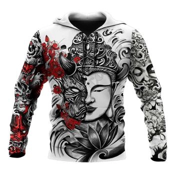 Pretty And Vintage  White Black Lion Kuan Yin Pattern Tattoos Hoodie