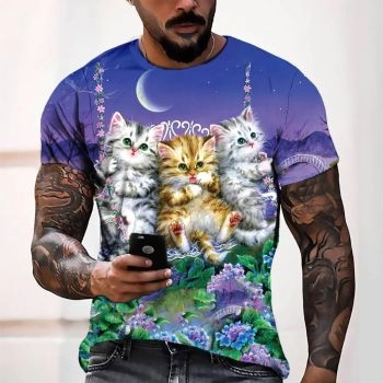 Blue Generous And Beautiful Cat Flower Pattern 3D Printed T-Shirto