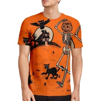 Orange Casual Halloween Skull Pumpkin Cat Pattern 3D Printed T-Shirto
