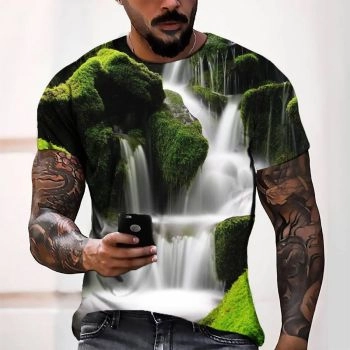 Green Vintage Tree Waterfall Pattern 3D Printed T-Shirto