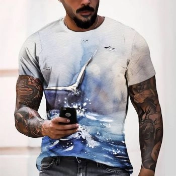 Grey Casual Seagull Pattern 3D Printed T-Shirto