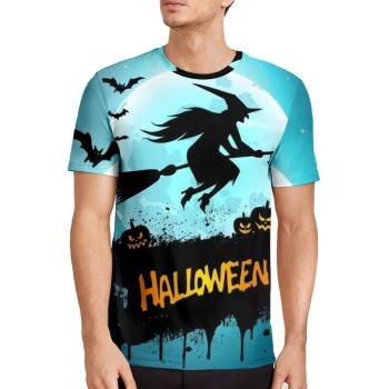 Blue Oversize Halloween Pumpkin Broom Pattern 3D Printed T-Shirto