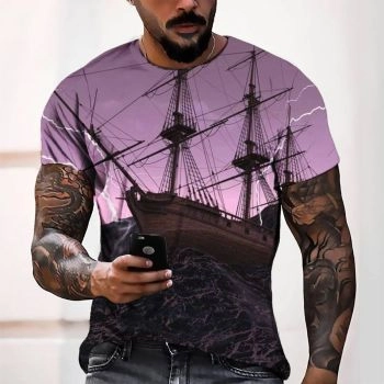 Black Classical And Elegant Boat storm Pattern 3D Printed T-Shirto