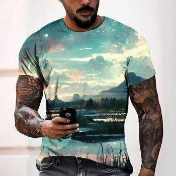 Blue Fashion Wild Scenery Pattern 3D Printed T-Shirto