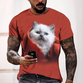 Red Loose Cat Pattern 3D Printed T-Shirto