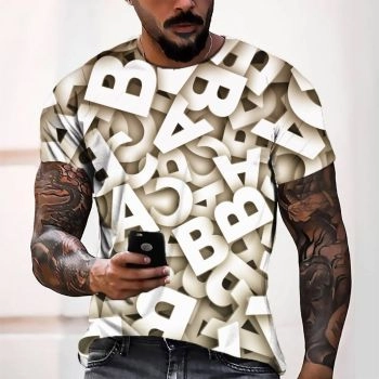 White Breathable Alphabet Pattern 3D Printed T-Shirto