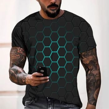 Black Personality Hexagonal Pattern 3D Printed T-Shirto