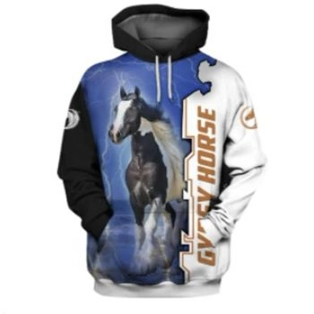 Cute And Loose Blue White Horse Pattern Animals Hoodie
