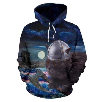 Cute And Loose Blue Boat Cat Pattern Tattoo Hoodie