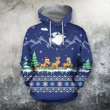 Classical And Elegance Blue Tree Horse Snow Pattern Christmas Hoodie
