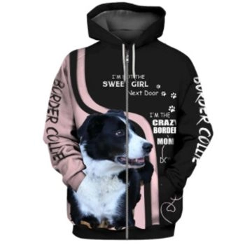  Loose And Fashion Pink Black Dog Pattern Animals Zip-Up Hoodie