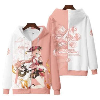 Beautiful Genshin Impact Yanfei Anime Zip-Up Pink Hoodie