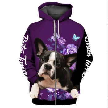 Elegance Purple Dog Pattern Animals Zip-Up Hoodie